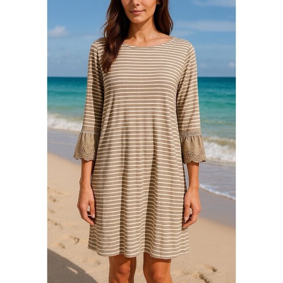 J.Jill Striped size L tan and White tunic Dress with Lace Sleeves - Picture 1 of 12